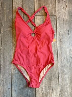 Womans Ribbed One-Piece Swimsuit with Front Ring in Coral